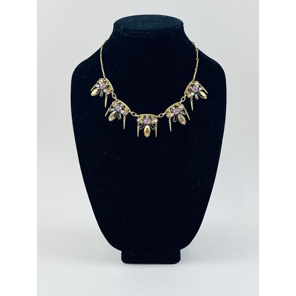 J. Crew Gold Tone Rhinestones Pink Spike Dangles Necklace Smoky Black White Flor - Picture 16 of 16